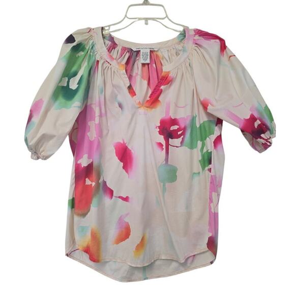 Diane Von Furstenberg Tops - Diane von Furstenberg Keoni Pleated Watercolor Blouse Puff White Pink Size 6